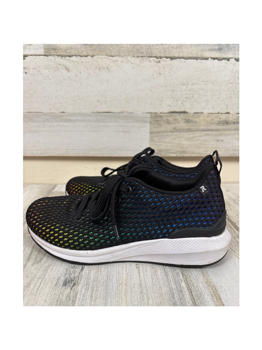 Rieker Revolution Athina Womens 5.5 Black Rainbow Sneakers Comfort Travel Chic